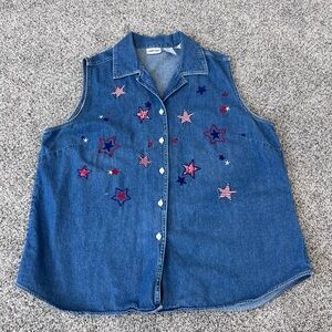 Cabin Creek Jean Shirt Womens 18W 100% Cotton Embroidered Stars 90s Y2K Vintage